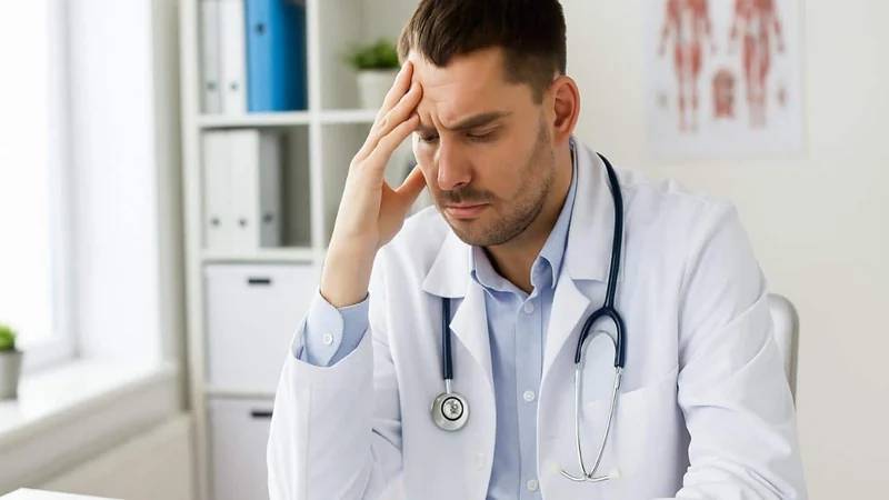 um médico dentro do seu consultório, com as mãos na cabeça e preocupado por não estar conseguindo atrair pacientes para atender