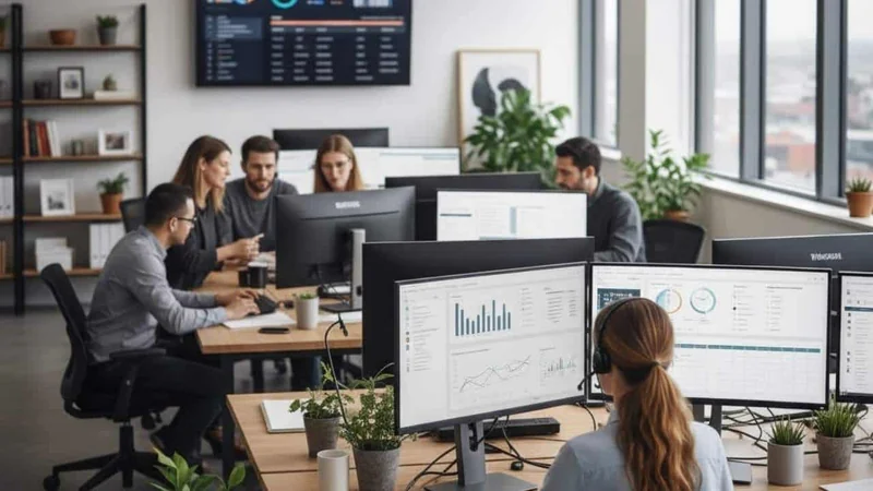 funcionários de uma agência de seo sentados e trabalhando no escritório