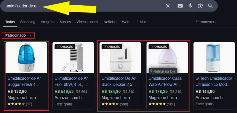 investimento do tráfego pago em umidificador de ar da magazine luiza