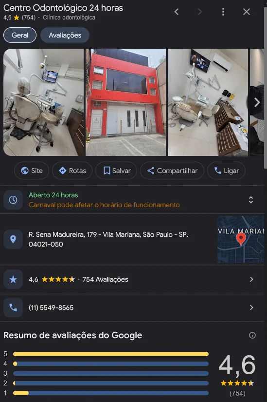 dados de um perfil do google meu negócio de uma clínica médica