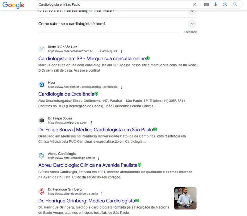 resultados orgânicos do google sobre o seo para médicos cardiologistas em são paulo