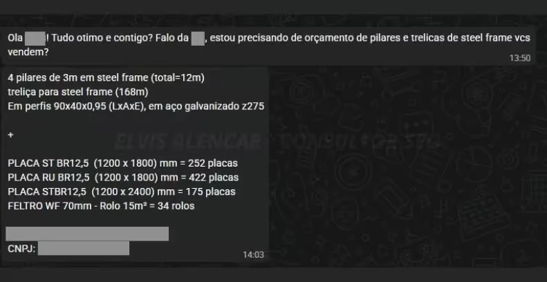 Conversa de WhatsApp com pedido de orçamento de pilares, treliças e placas de steel frame feito por uma empresa que encontrou a construtora no Google