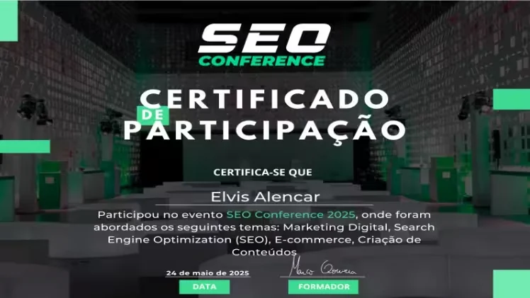 Certificado de participação de Elvis Alencar no SEO Conference 2025