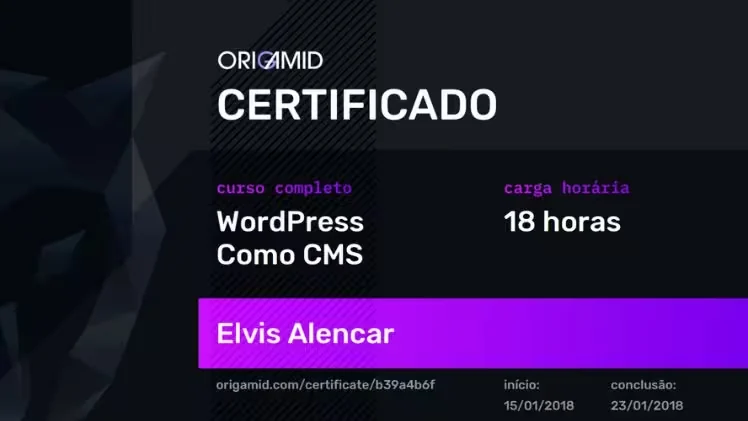 Certificado de conclusão de Elvis Alencar no curso WordPress como CMS da Origamid