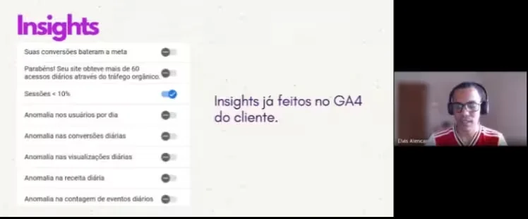 Elvis Alencar apresentando insights do Google Analytics 4 em uma aula para o time